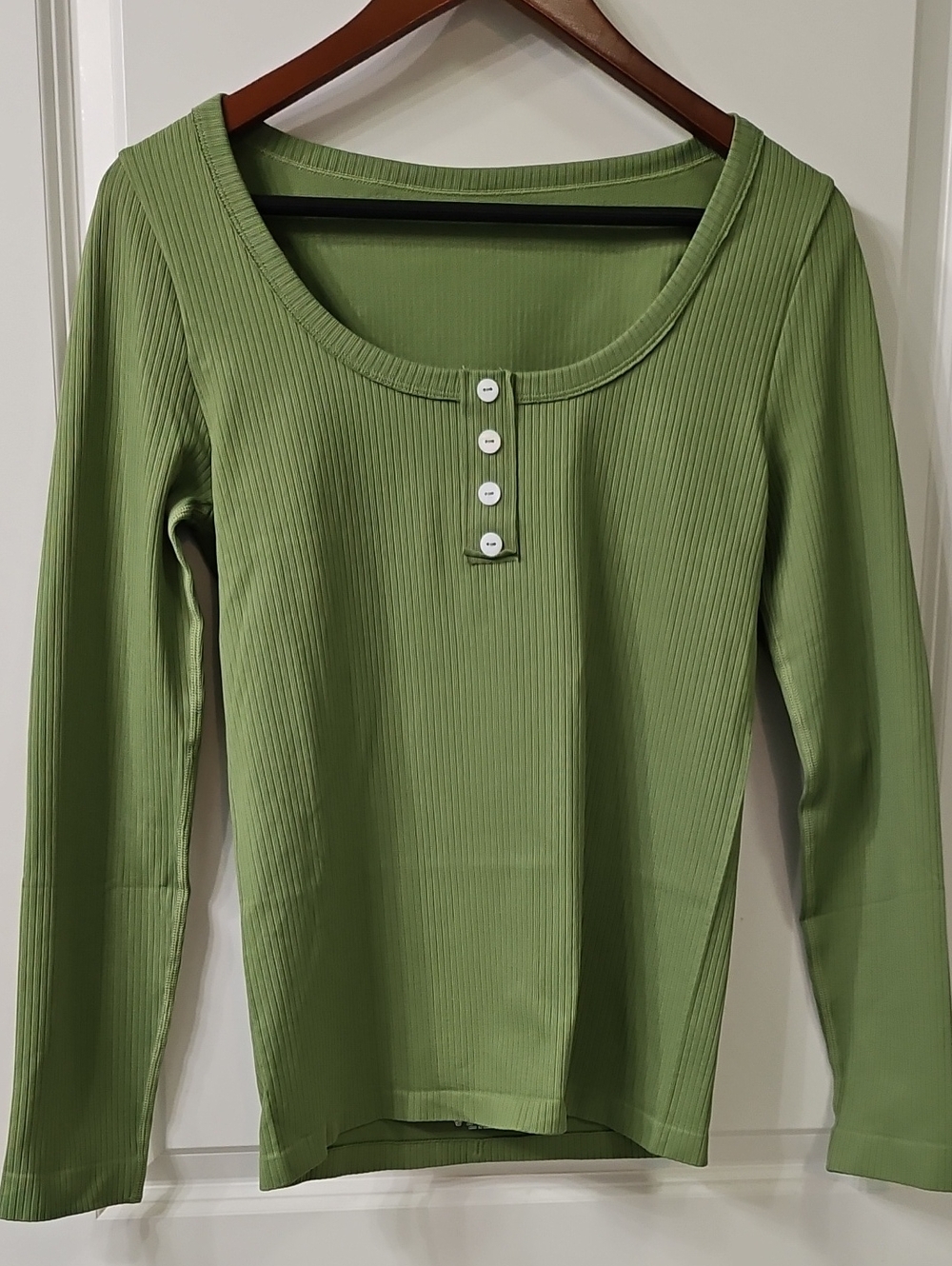 Ribbed Scoop-Neck Long Sleeve Top with Button Placket in Sage Green